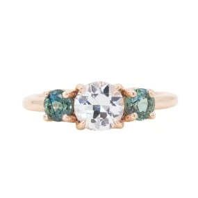 1.02ct White Sapphire and Green Sapphire Three Stone Ring in 14k Rose Gold