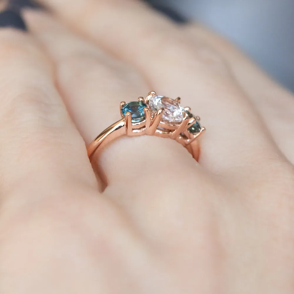 1.02ct White Sapphire and Green Sapphire Three Stone Ring in 14k Rose Gold