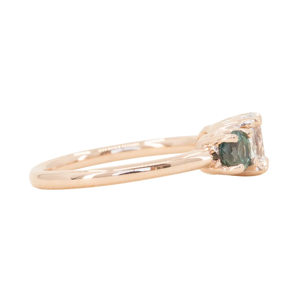 1.02ct White Sapphire and Green Sapphire Three Stone Ring in 14k Rose Gold