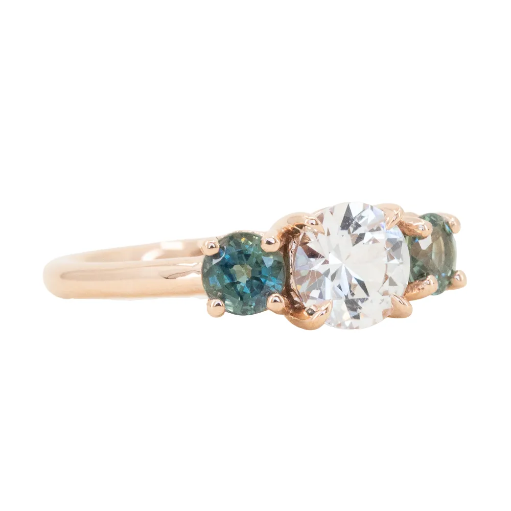 1.02ct White Sapphire and Green Sapphire Three Stone Ring in 14k Rose Gold