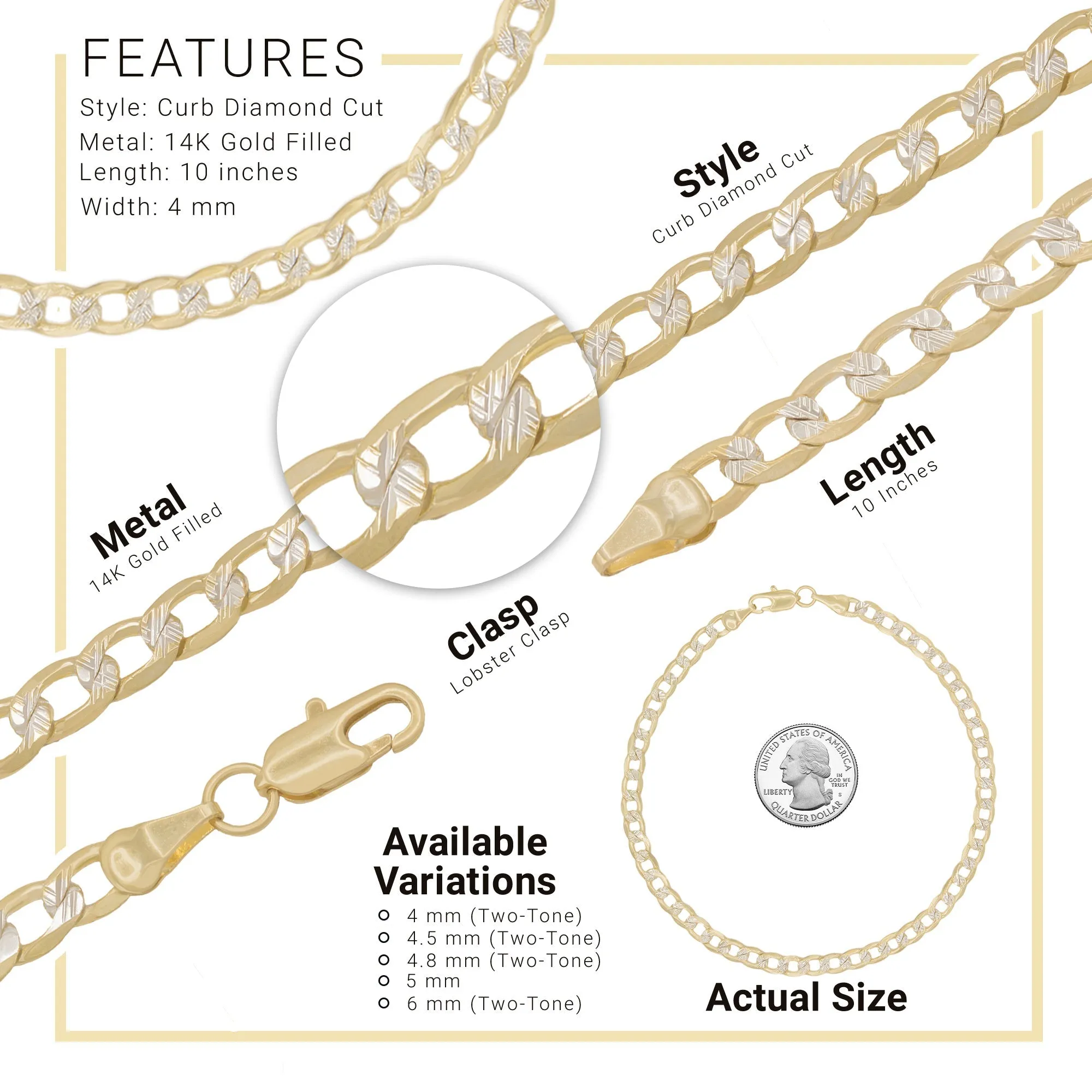 14K Gold Filled Cuban Link Anklet Diamond Cut Curb Chain Foot Bracelet Anklet Fashion Jewelry for Women Girls Length 10''