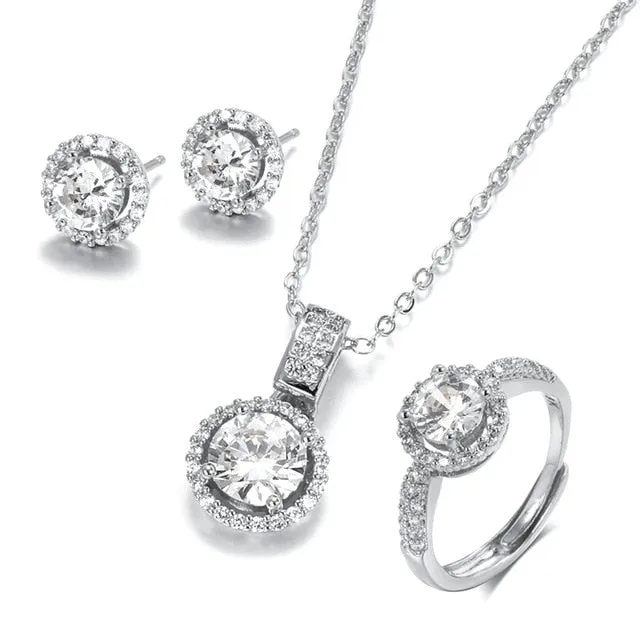 14k Gold Plated or Silver Zircon Necklace, Earring, & Ring Set