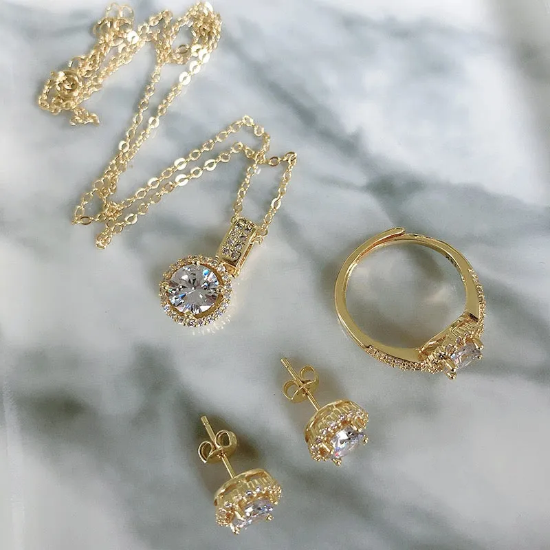 14k Gold Plated or Silver Zircon Necklace, Earring, & Ring Set