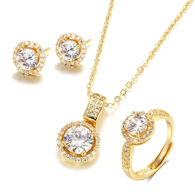 14k Gold Plated or Silver Zircon Necklace, Earring, & Ring Set