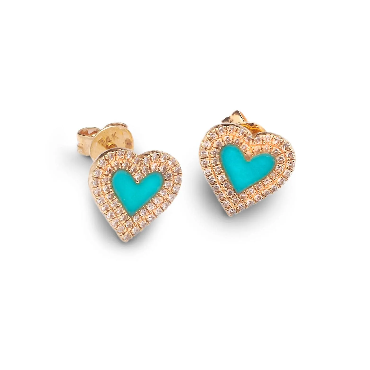 14K Gold Turquoise and Diamond Double Row Heart Stud Earrings