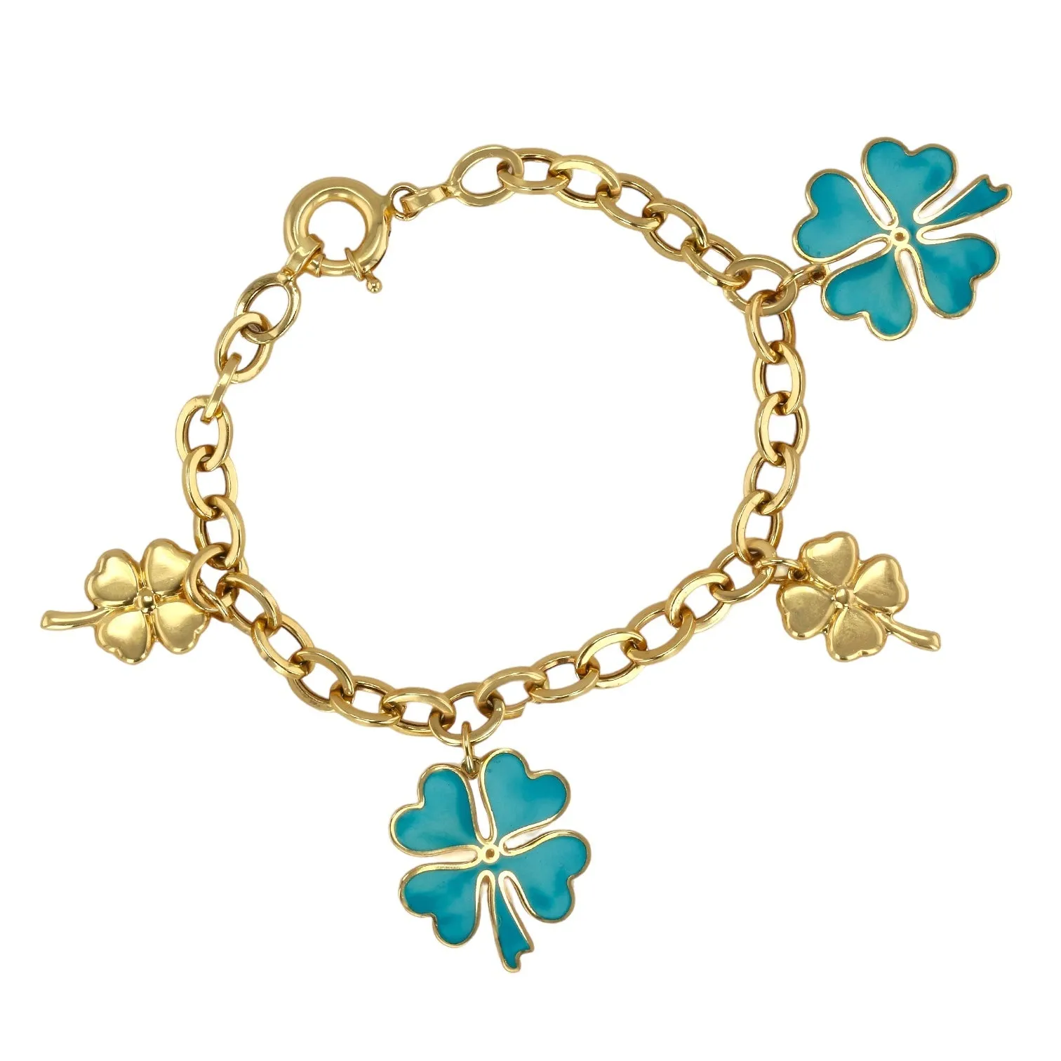 14K Yellow Gold Blue Enamel Clover Bracelet - 1019