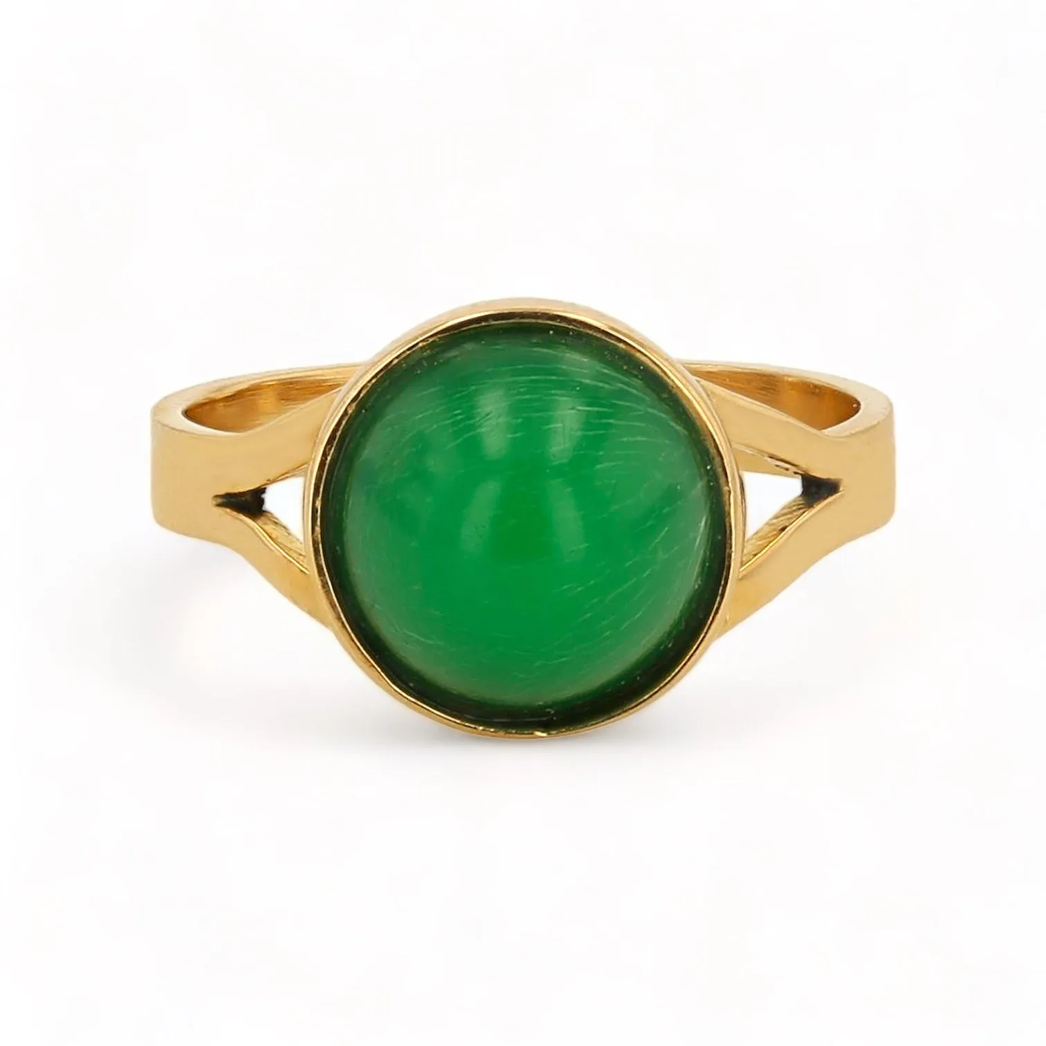 14K Yellow solid gold cabochon jade ring-5600