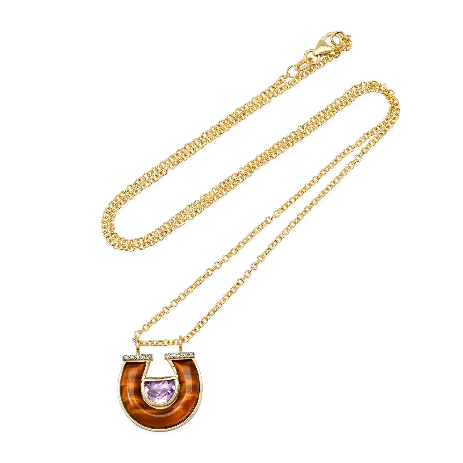 14K YG Amethyst, Tiger's Eye and Diamond Horseshoe Necklace