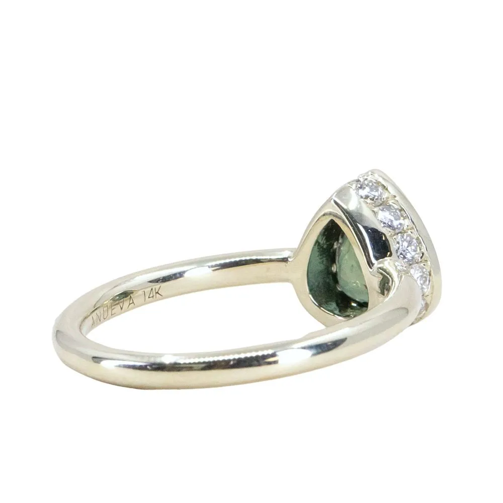 1.51ct Deep Green Teal Pear Sapphire Low Profile Hidden Halo Bezel Set Ring in 14k Green Gold