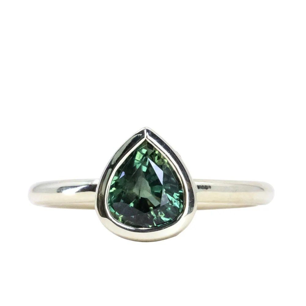 1.51ct Deep Green Teal Pear Sapphire Low Profile Hidden Halo Bezel Set Ring in 14k Green Gold