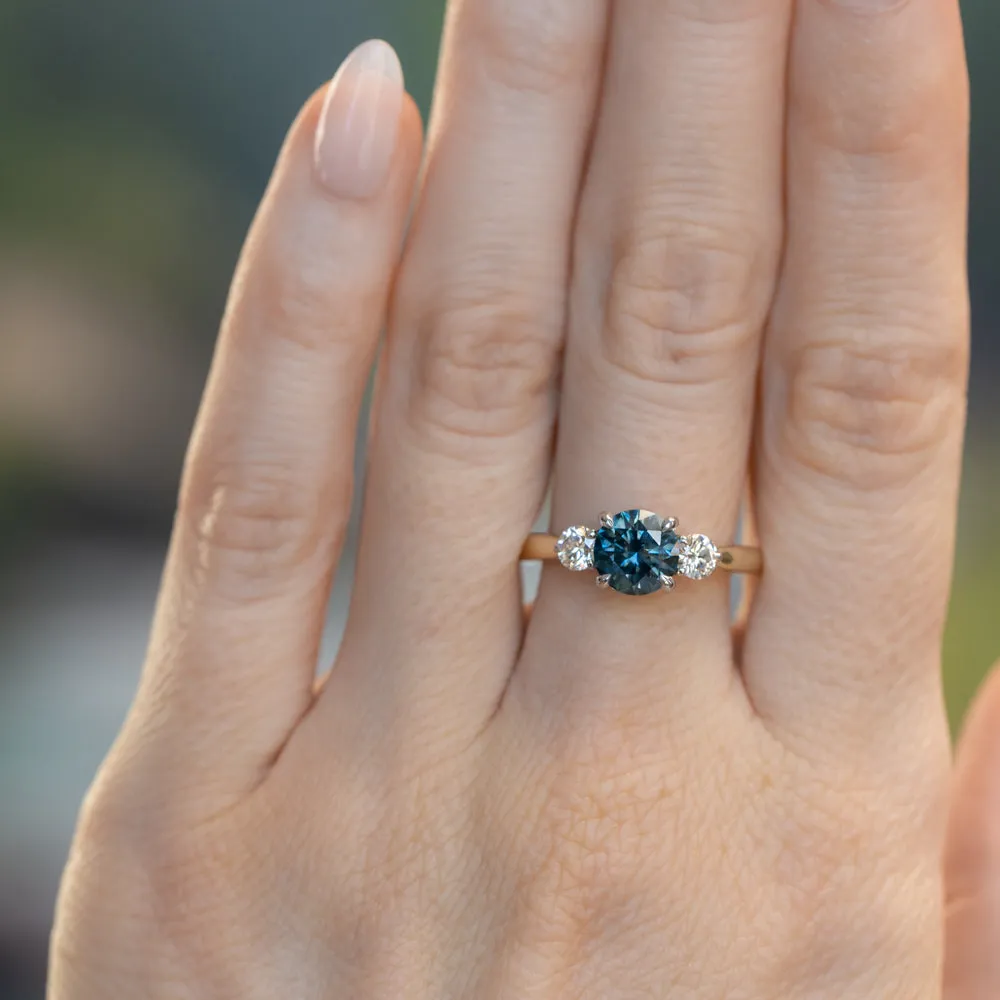 1.57ct Ocean Blue Round Montana Sapphire and Lab Diamond Three Stone Ring in Two Tone Gold