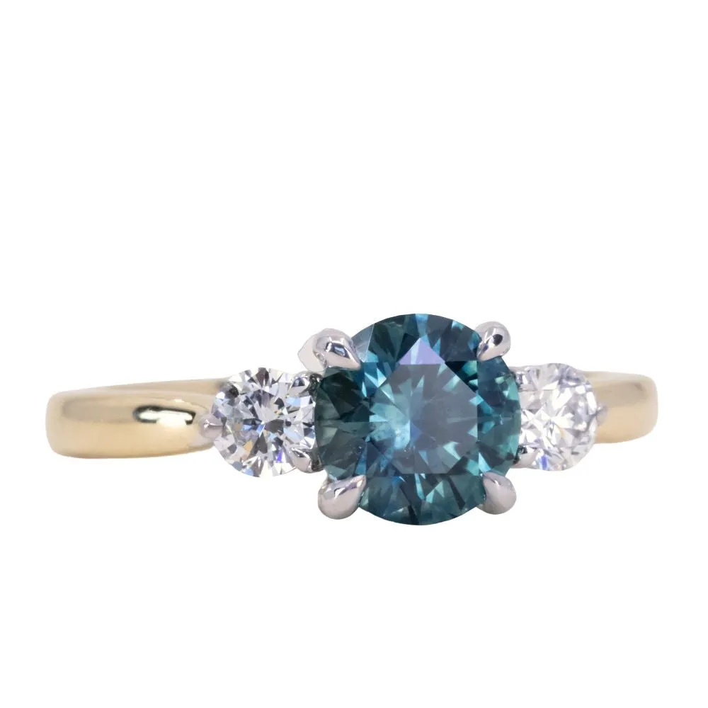 1.57ct Ocean Blue Round Montana Sapphire and Lab Diamond Three Stone Ring in Two Tone Gold