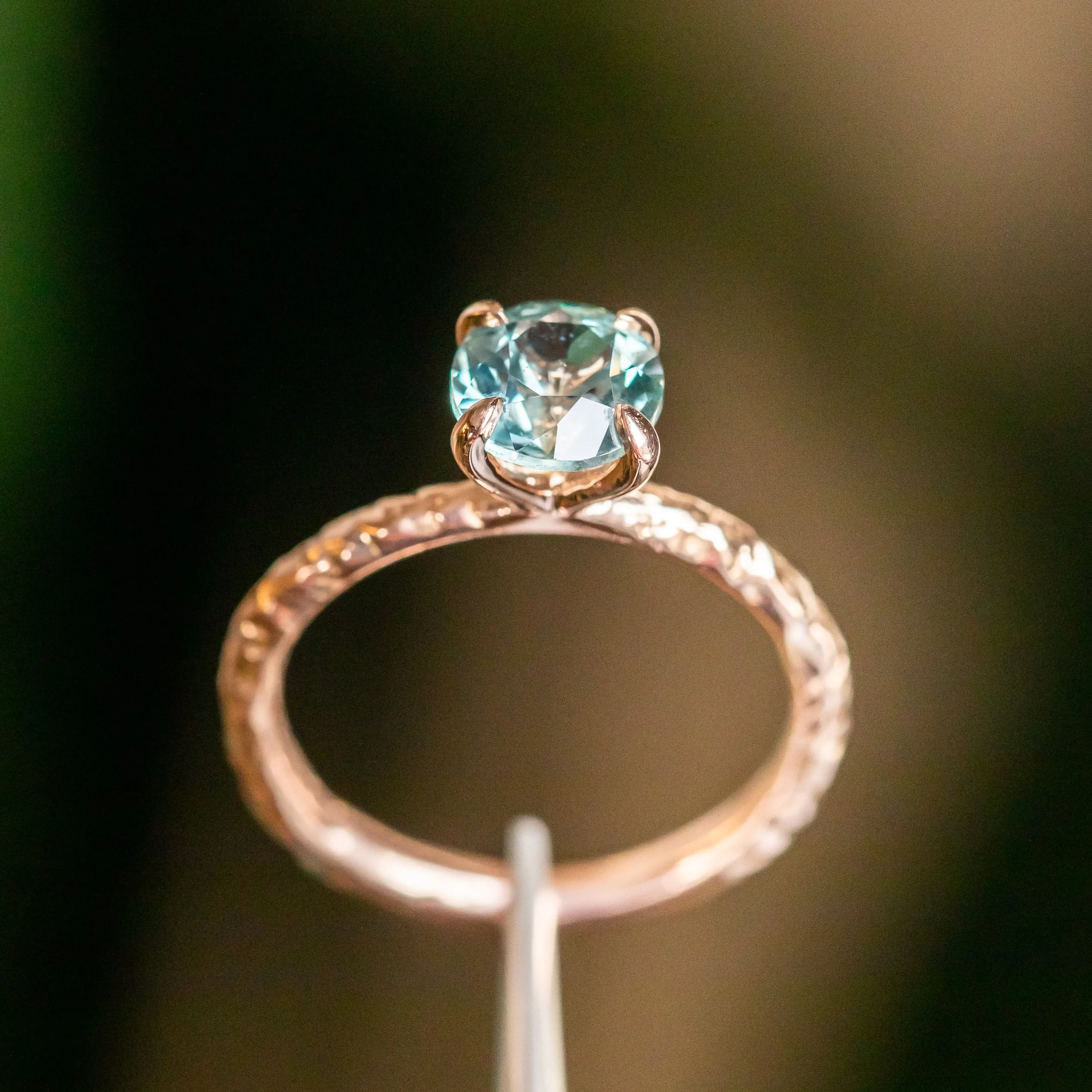 1.75ct Round Montana Sapphire Evergreen Carved Solitaire Ring in 14k Rose Gold