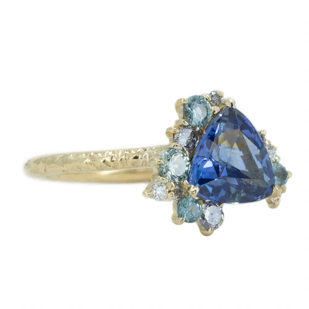 1.85ct Trillion Sapphire Asymmetrical Diamond And Sapphire Ring in 14k Yellow Gold