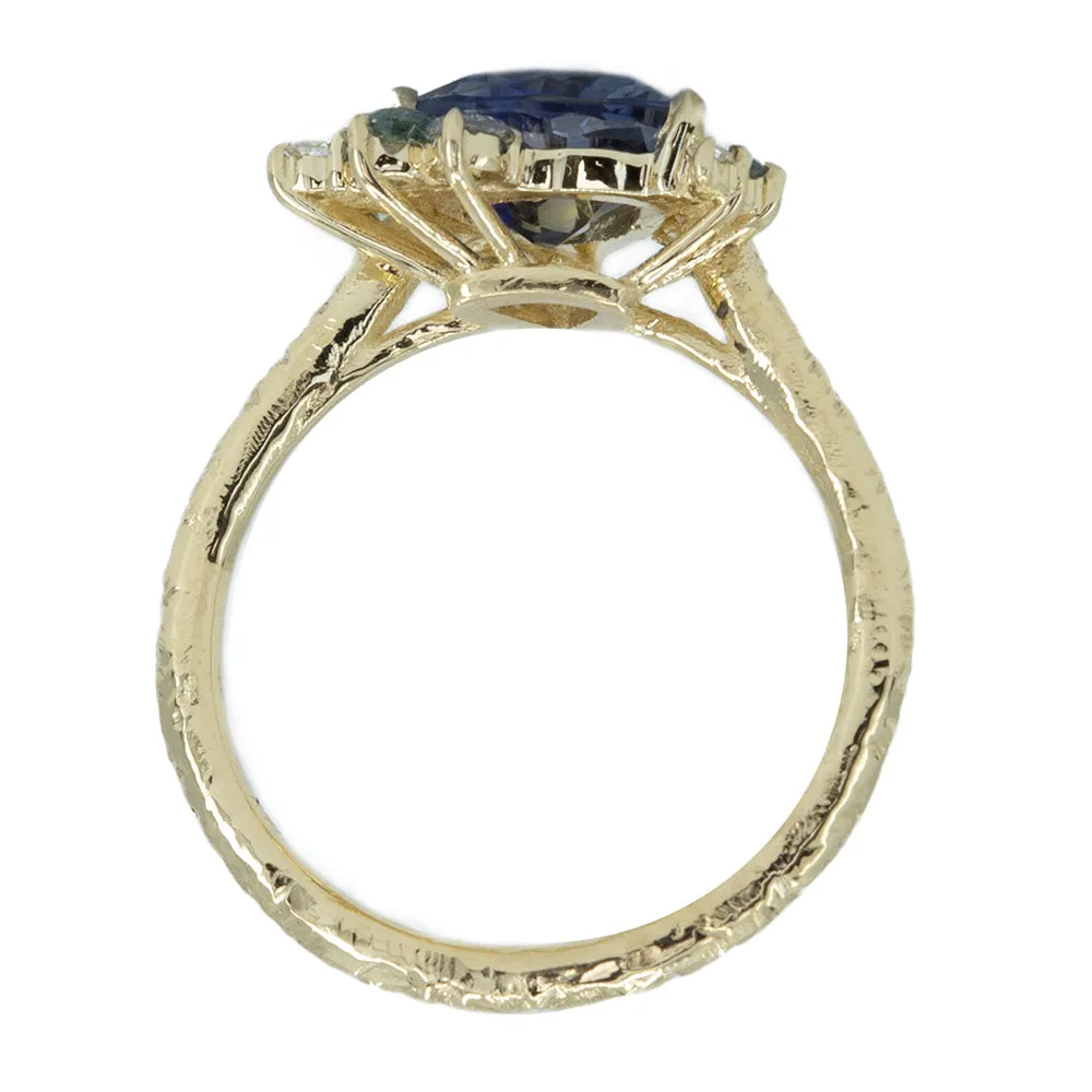 1.85ct Trillion Sapphire Asymmetrical Diamond And Sapphire Ring in 14k Yellow Gold