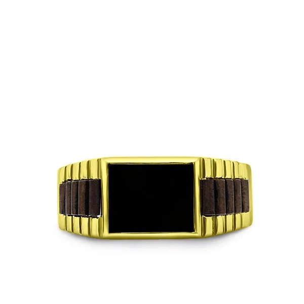 18K Solid Yellow Gold Modern Band Mens Ring with Natural Black Onyx Birthstone