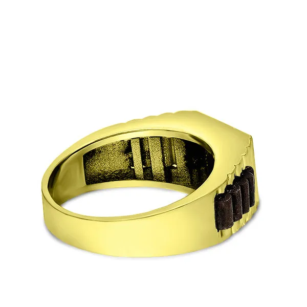 18K Solid Yellow Gold Modern Band Mens Ring with Natural Black Onyx Birthstone