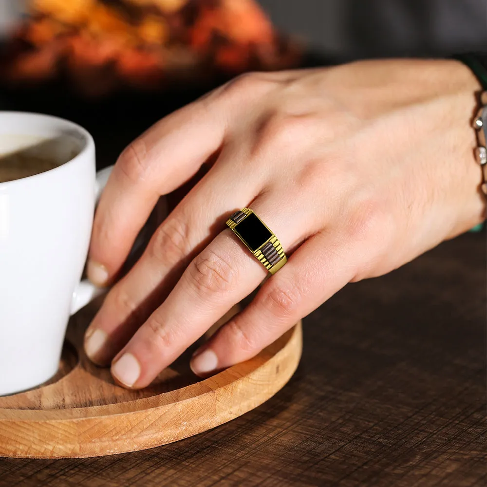 18K Solid Yellow Gold Modern Band Mens Ring with Natural Black Onyx Birthstone