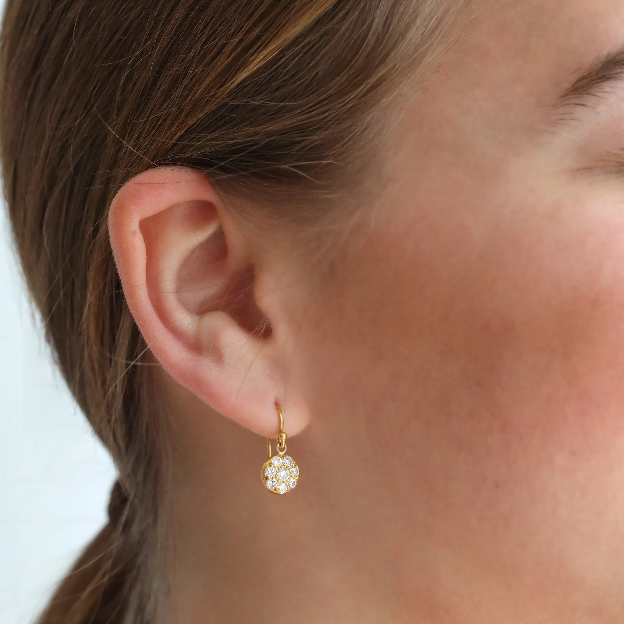 20K Gold and Pave Diamond Small Lentil Earrings