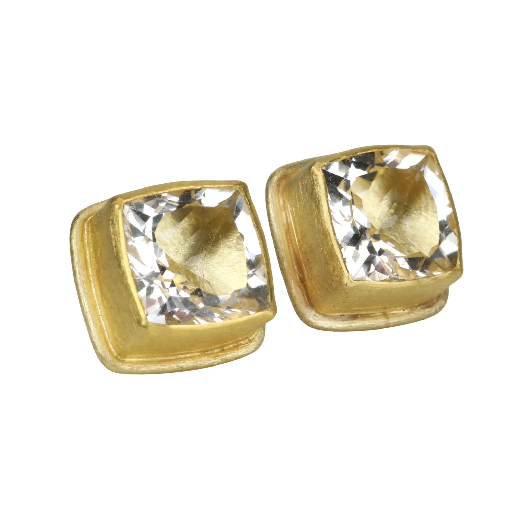 22K Gold Bezel-Set Faceted Clear Quartz Stud Earrings