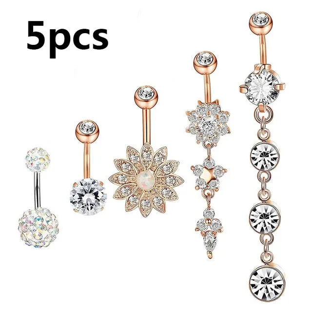 2/4/5/6/7Pcs/Set Surgical Steel Piercings  14G Navel Piercings Belly Button Piercing Dangle Earrings Belly Bar Sexy Body Jewelry