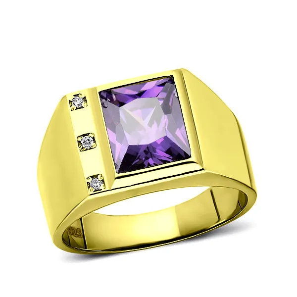 3 Diamond Accents 18K Gold Plated on 925 Solid Silver Mens Purple Amethyst Ring