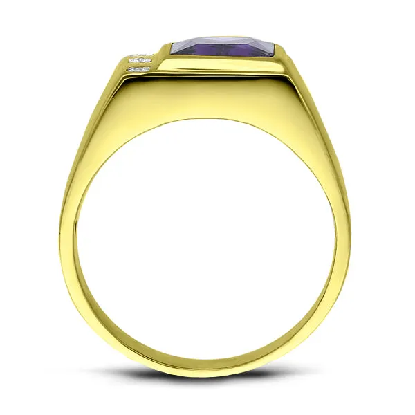 3 Diamond Accents 18K Gold Plated on 925 Solid Silver Mens Purple Amethyst Ring