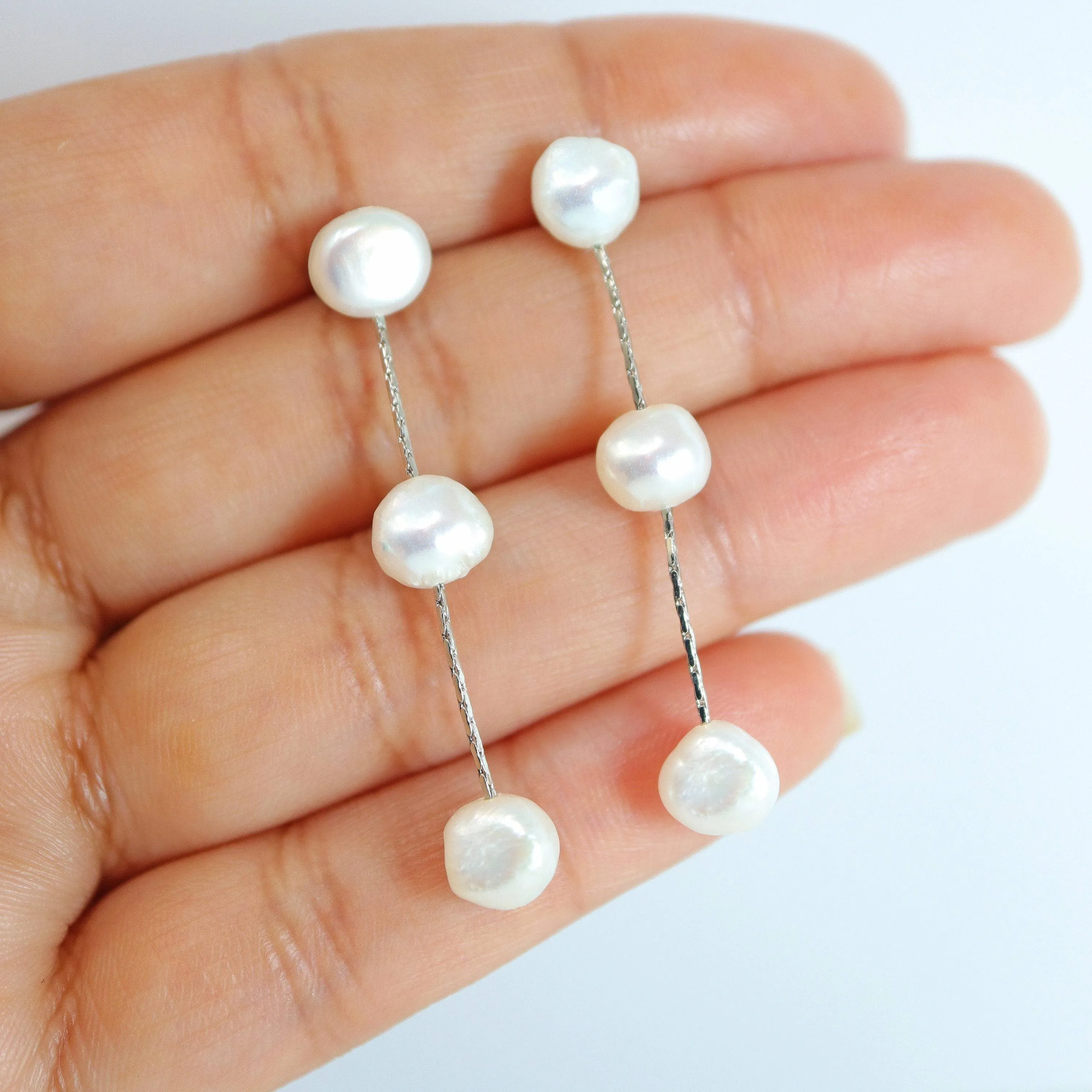 3 Freshwater Cultured pearl Bezel Earrings, Long Bridal Jewelry, Sterling Silver Pearl Bridal Earrings, Statement Earrings.