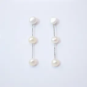 3 Freshwater Cultured pearl Bezel Earrings, Long Bridal Jewelry, Sterling Silver Pearl Bridal Earrings, Statement Earrings.