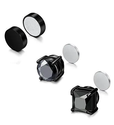 3 Pairs Stainless Steel Magnetic Stud Earrings for Men Women CZ Earrings Non-Piercing,6-8MM