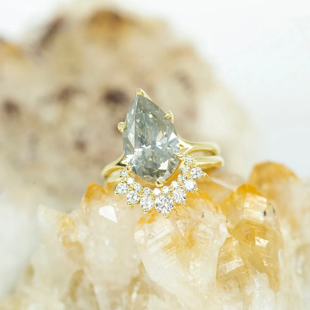 4.28ct Grey Pear Diamond Low Profile Six Prong Split Shank Ring With Contour Diamond Band In 18k Yellow Gold