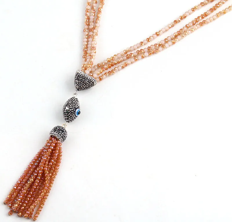 4mm Peach Black Crystal Evil Eye Tassel Long Mala Necklace