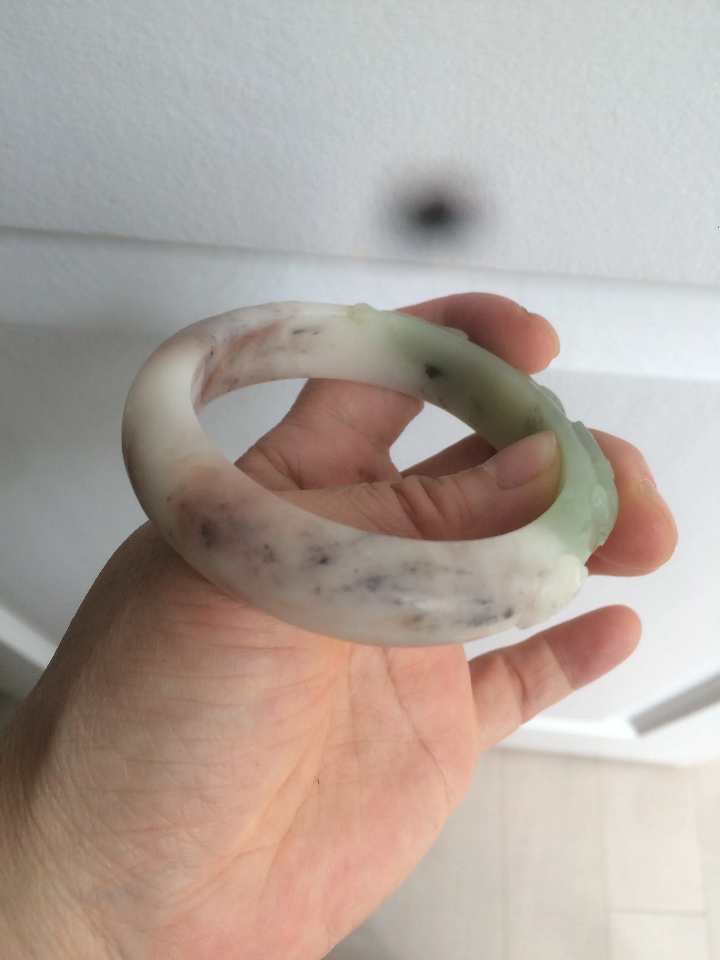 54.3mm 100% natural green/gray/purple/black carved bunnies and heart Xiu Jade(Serpentine) bangle XY79