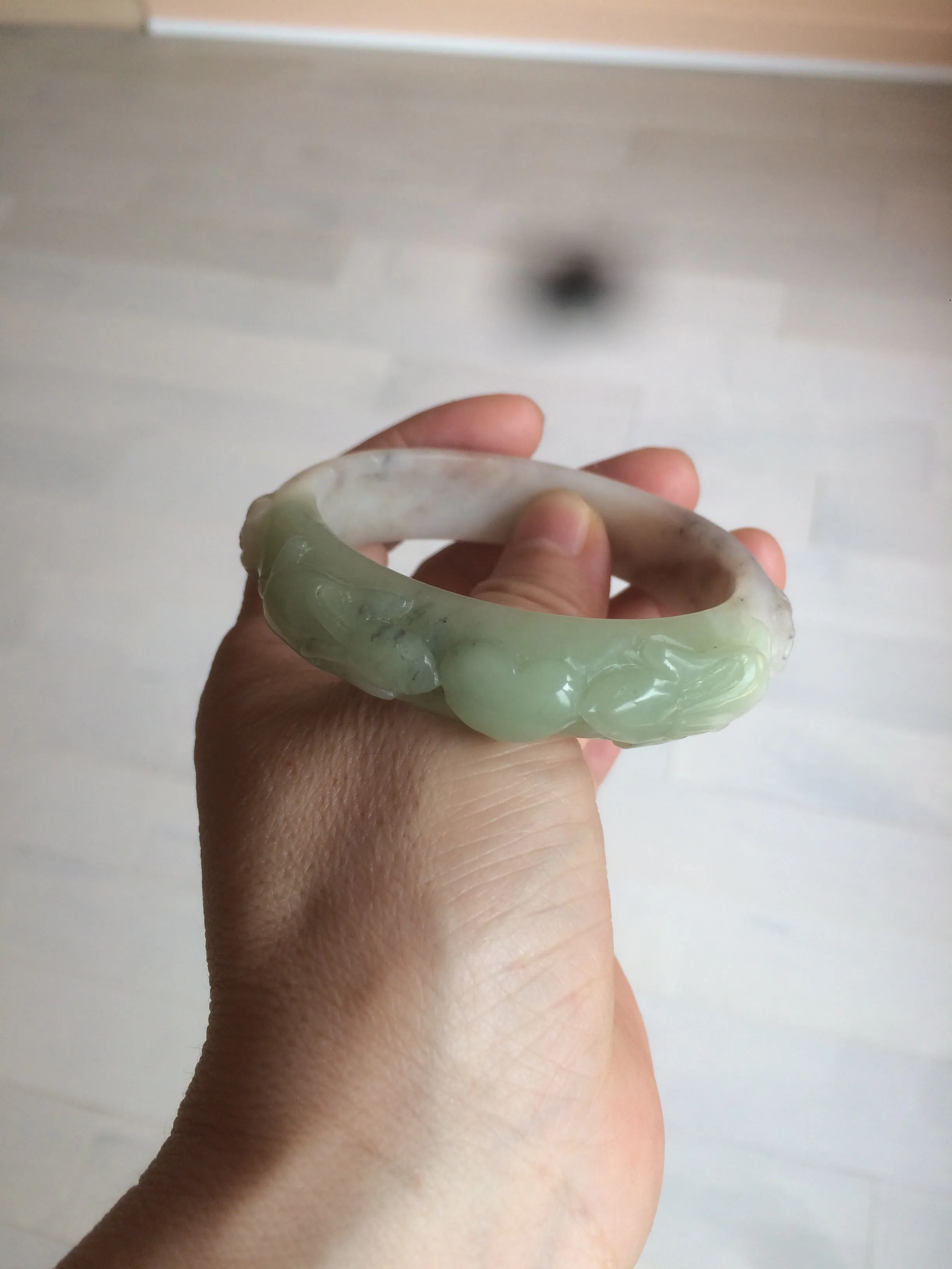 54.3mm 100% natural green/gray/purple/black carved bunnies and heart Xiu Jade(Serpentine) bangle XY79