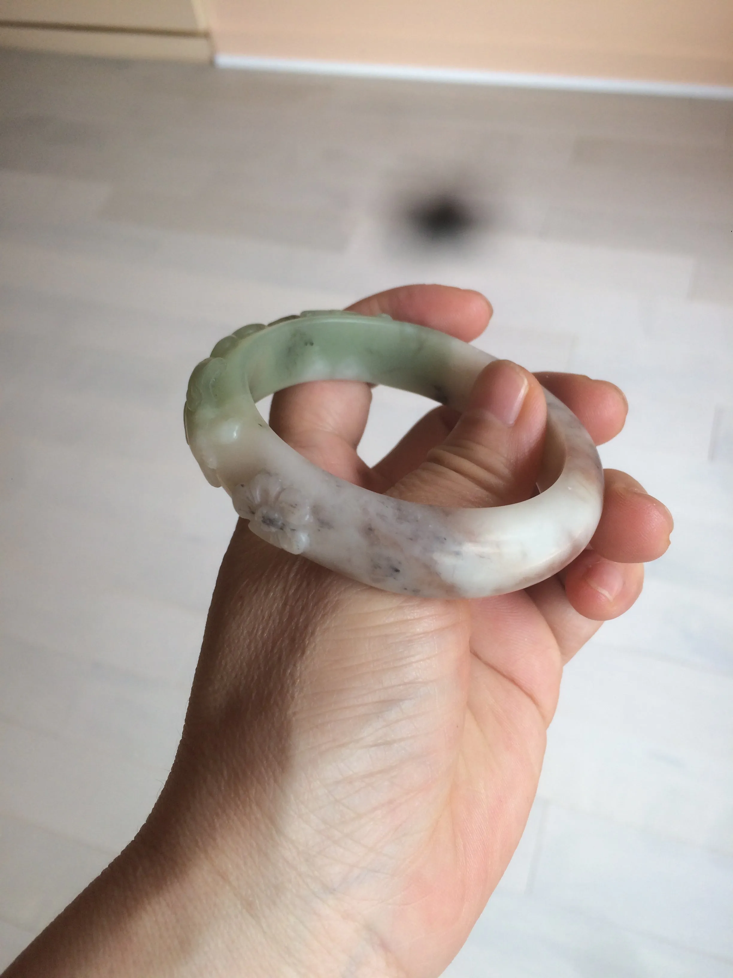 54.3mm 100% natural green/gray/purple/black carved bunnies and heart Xiu Jade(Serpentine) bangle XY79