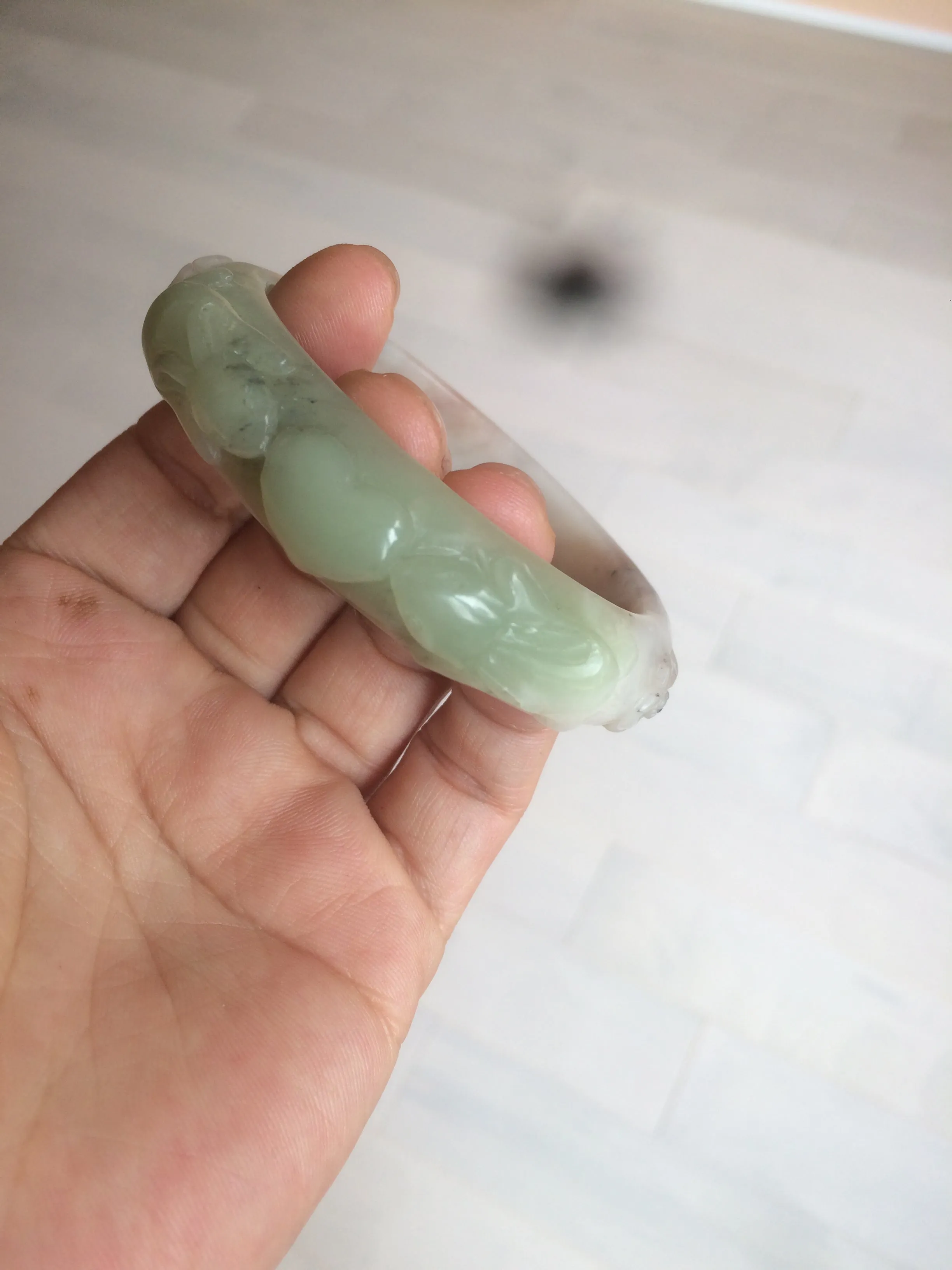 54.3mm 100% natural green/gray/purple/black carved bunnies and heart Xiu Jade(Serpentine) bangle XY79