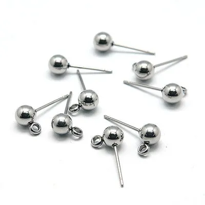 5mm Ball Earrings Posts, 2mm Loop, 0.7mm Pin, 100 Pieces, #1358