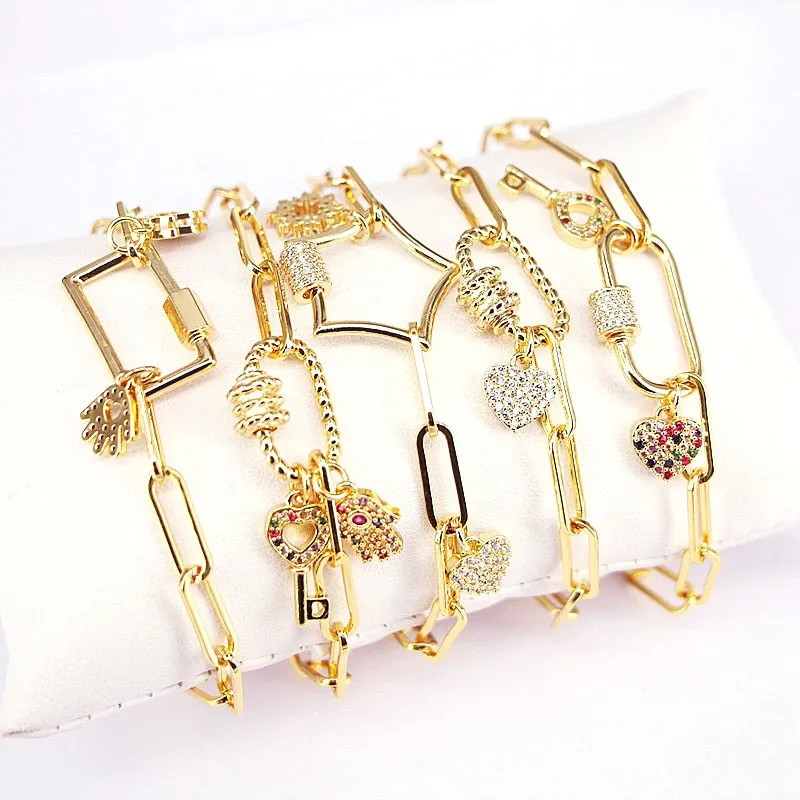 5Pcs Handmade Fashion Jewelry Carabiner Bracelet, CZ Micro Pave Screw Clasp Bracelet CZ Micro Pave Chain Link Bracelets