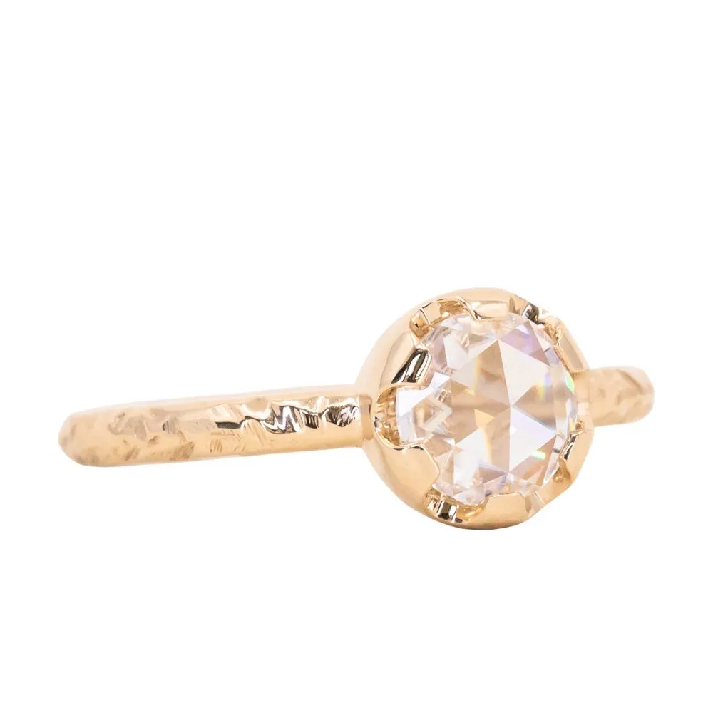 6.5mm Rosecut Moissanite Low Profile Six Prong Evergreen Solitaire in 14k Yellow Gold