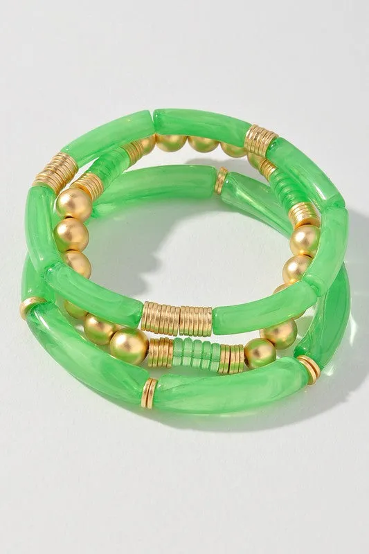 Acrylic Tube Bead & Gold Ball Bracelet Set