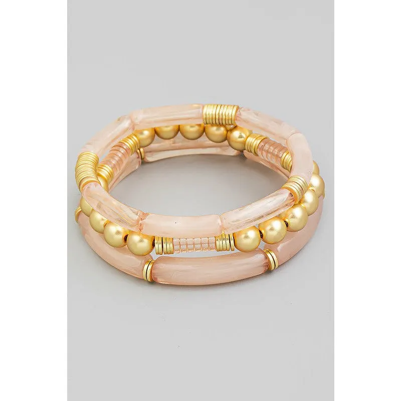 Acrylic Tube Bead & Gold Ball Bracelet Set