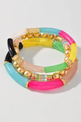 Acrylic Tube Bead & Gold Ball Bracelet Set