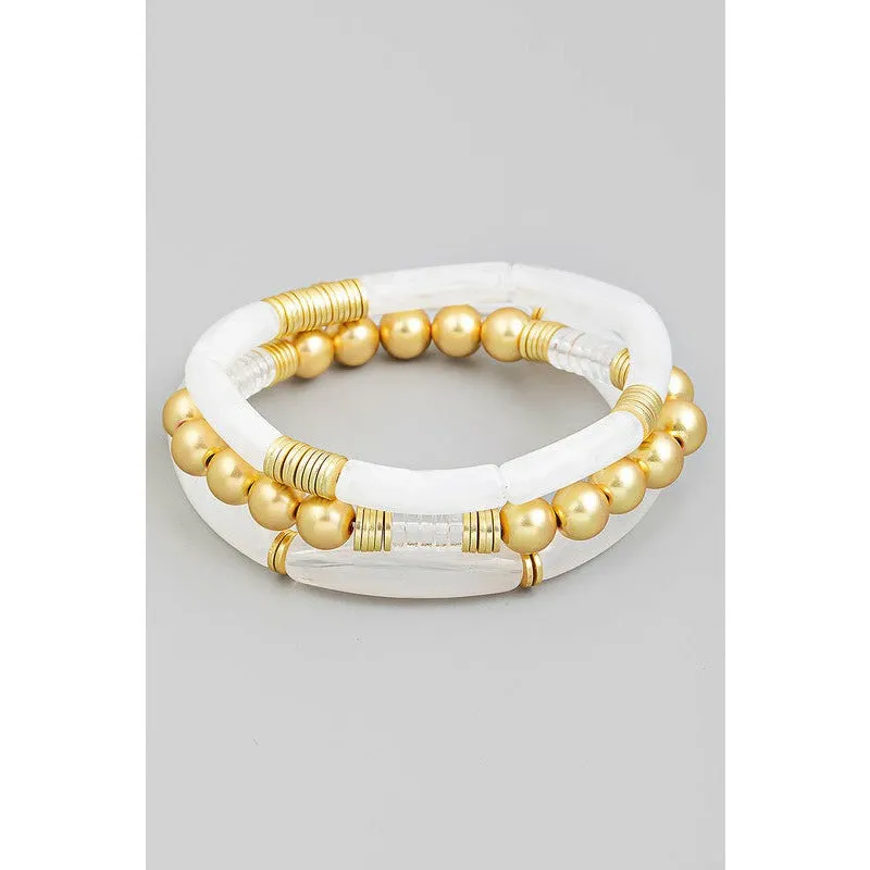 Acrylic Tube Bead & Gold Ball Bracelet Set