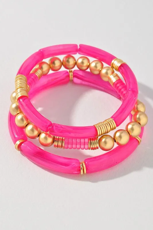 Acrylic Tube Bead & Gold Ball Bracelet Set