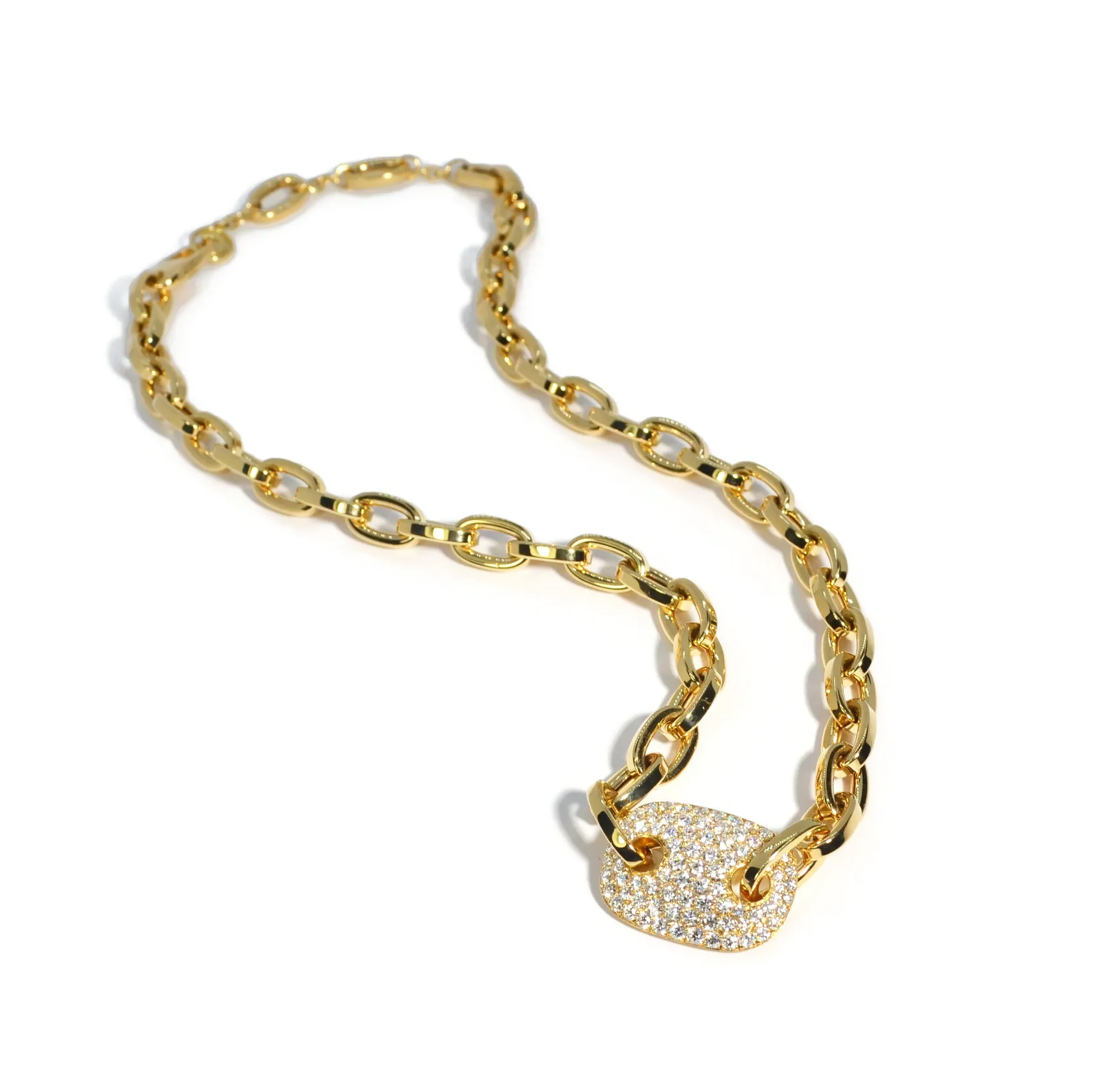 AFJ Diamond Collection - Oval Link Necklace with Diamond Mariner Enhancement, 18k Yellow Gold