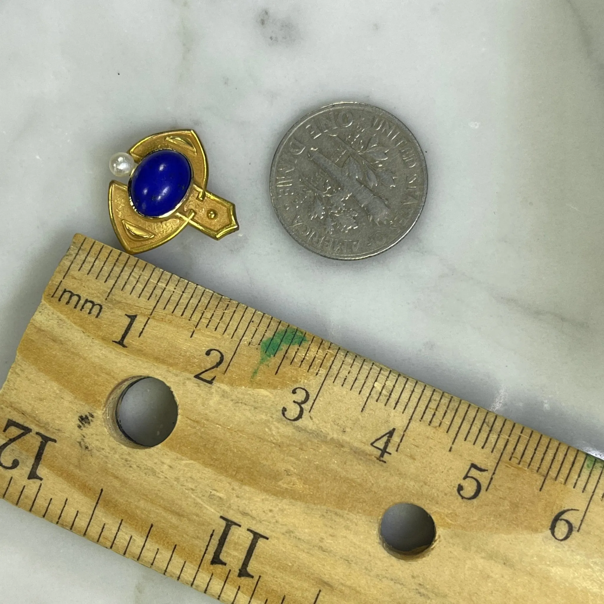 Antique Lapis and Seed Pearl Evil Eye Pendant in 18K Yellow Gold. Upcycled Repurposed Hatpin.