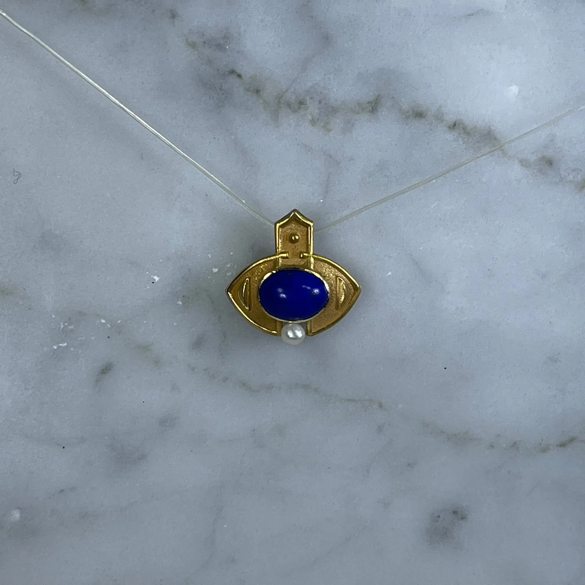 Antique Lapis and Seed Pearl Evil Eye Pendant in 18K Yellow Gold. Upcycled Repurposed Hatpin.