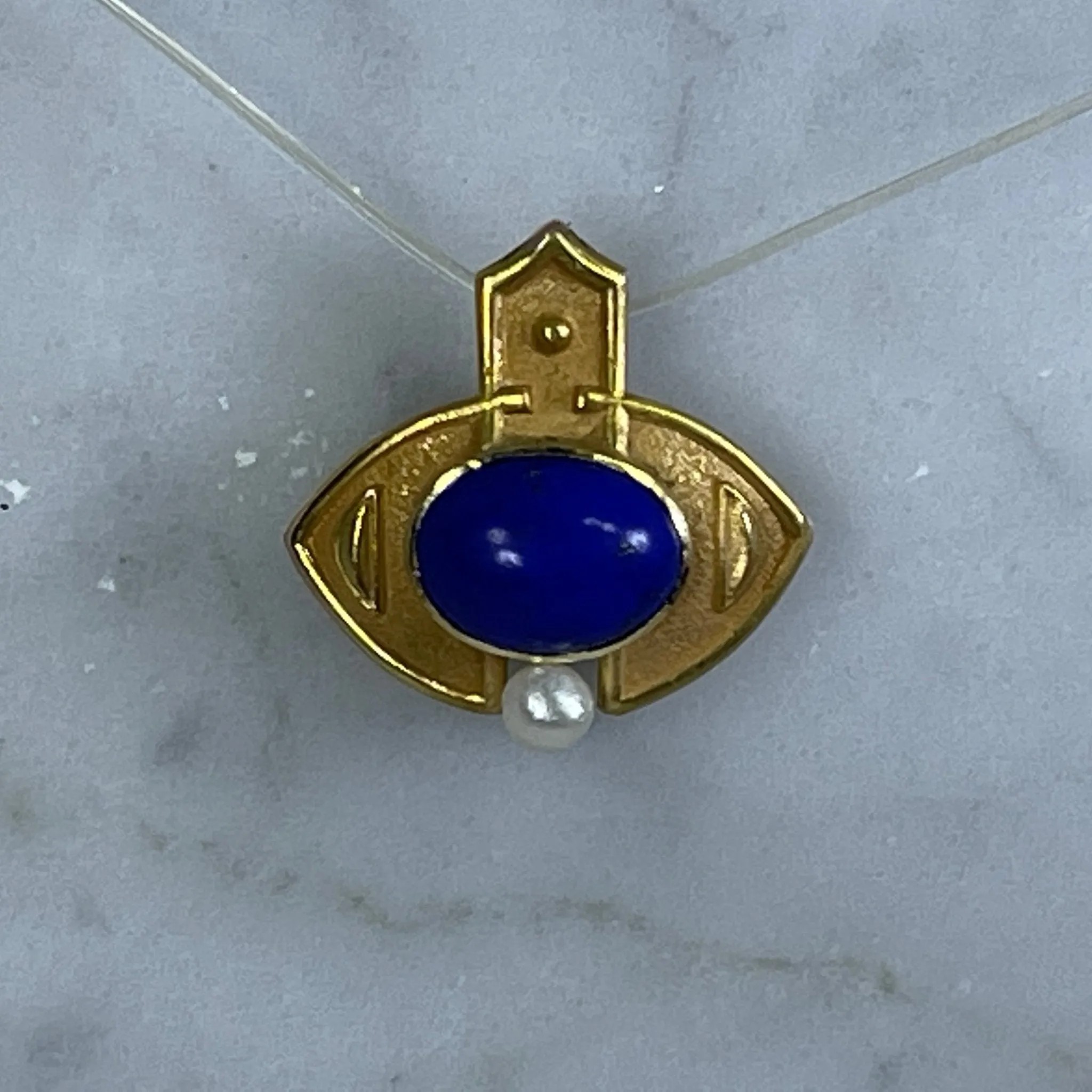 Antique Lapis and Seed Pearl Evil Eye Pendant in 18K Yellow Gold. Upcycled Repurposed Hatpin.