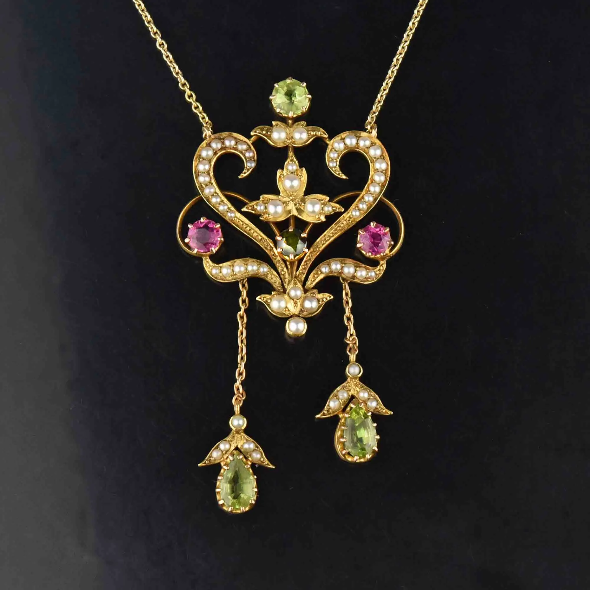 Art Nouveau 18K Gold Peridot Tourmaline Pearl Necklace