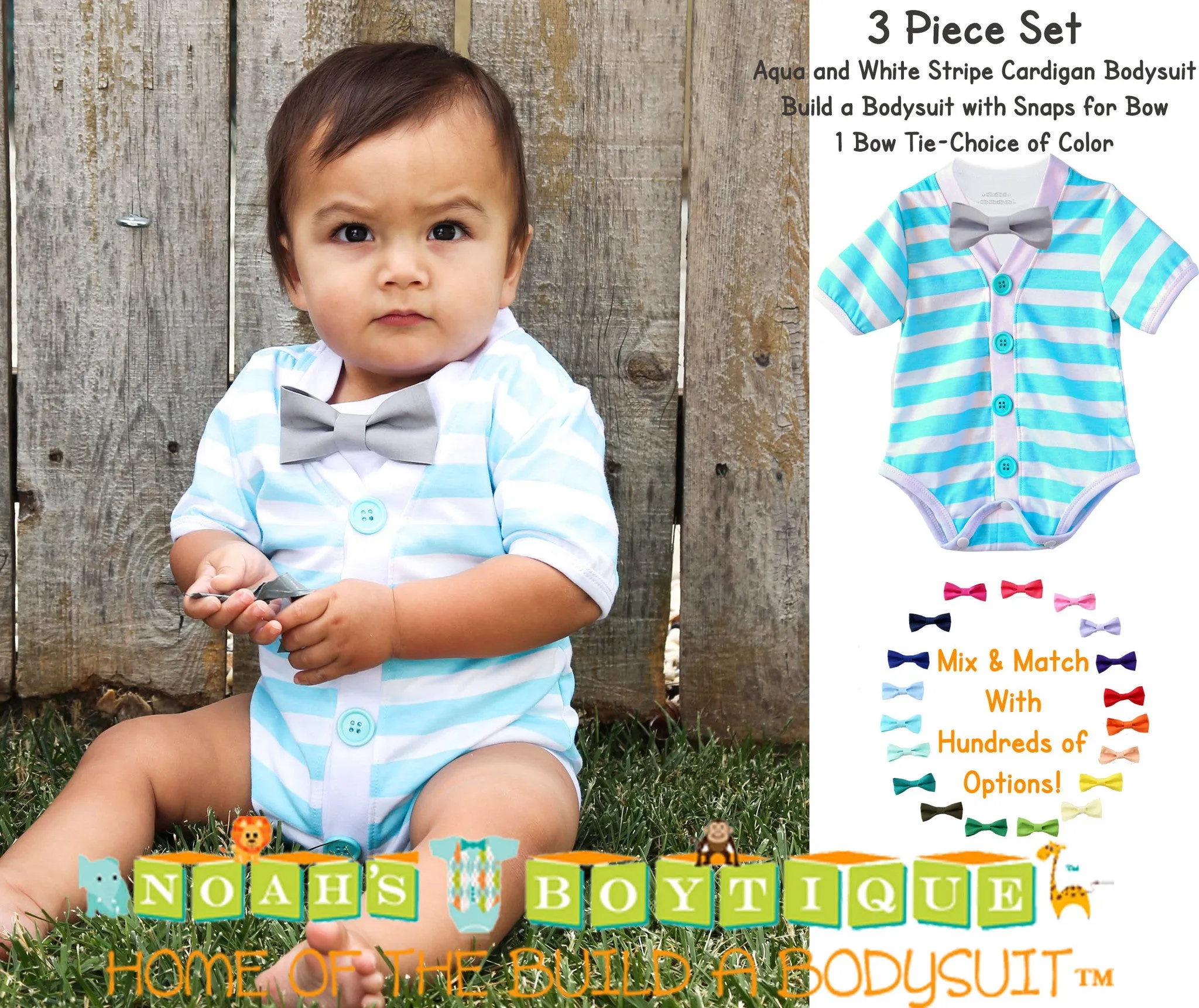 Baby Boy Cardigan Outfit with Bow Tie Aqua Blue and Grey Set